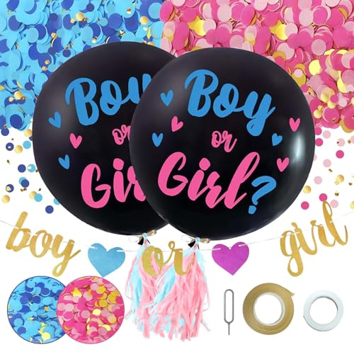 Gender Reveal Party Kit Decorazione Festa con Boy or Girl Banner Ghirlanda 2 Palloncini Neri da 36 Pollici di Revelazione di Genere Nastro di Coriandoli Rosa e Blu Riempiti Ghirlanda di Carta a Frange