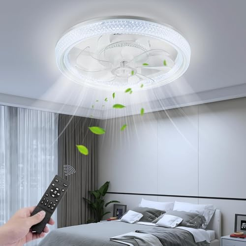 Ankishi Ceiling Light Fan 48cm | 3 Color temperatures 6 speeds 60W LED Ceiling Fan with Lighting lamp | Ceiling Light Remote Control dimmable for Living Room Bedroom（with White lampshade）