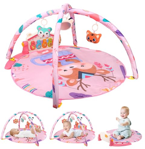 Baby Play Mat with Kick Piano, Newborn Round Play Mat Gym with Kick Piano, Music and Sound Exploration, Sensory Toys, Exploration Rug for Babies and Toddlers (Pink)