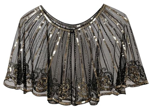 1920er Jahre Pailletten Schal und Wraps für Damen,Retro Umschlagtücher Stola für Abendkleid,20er Jahre Art Deco Flapper Umhang Schal für Abschlussball Gatsby Party Kostüm Accessoires (Schwarzesgold)