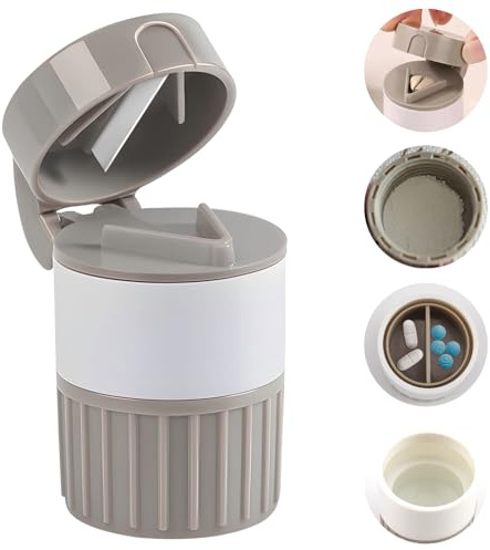 4-in-1 Pill Crusher Pill Grinder Pills Cutter with Storage Box Stainless Steel Grinding Head Pills Grinders Splitter Portable Tablet Fine Powder Press for Family Kid Pet Elderly, Simple Gray