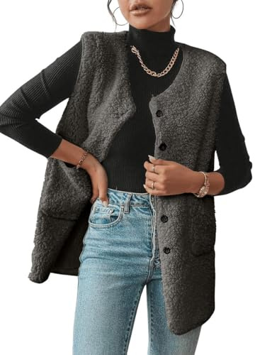 Joligiao Chaleco de Forro Polar Mujer Termico Sin Mangas Chaleco de Invierno Largo Chaqueta Mujer Lana Polar Invierno con Bolsillos con Botón Cálido Chaqueta de Peluche