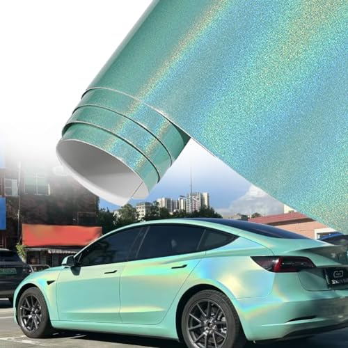 Blueshyhall Autofolie Grün Glitzer, Autofolie Grün Glänzend mit Regenbogen Effekt, Car Wrapping Folie Metallic Bunt Selbstklebend, Tuning Folie Innen Außen für Auto Motorrad Fahrrad (30x152 cm)