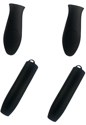4 Pack Silicone Pan Handle Covers Set, Heat Resistant Hot Handle Holders for Cast Iron Skillets & Metal Pots, Non-Slip Grip Sleeves (Includes 2 x Long Curved & 2 x Flat Assist Handles), Dishwasher Saf