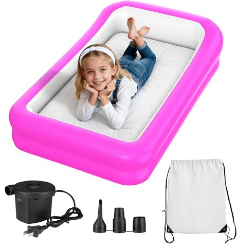 CAMPLAND Inflatable Toddler Travel Bed, Portable Kids Air Mattress with Soft Bed Sheet, Toddler Air Mattress with Surround Safety Bumpers, ldeal for Home Use or Travel, Includes Pump and Carry Bag