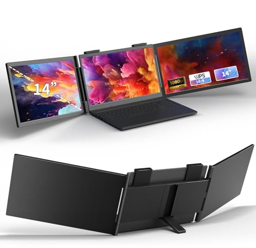 HzkHank Laptop Triple Screen Extender Monitor Portable 14 inch FHD 1080P IPS Laptop Screen Extender, 3 USB-C Full-featured Plugs for Windows Mac Android Chrome, Work with 14”-16” Laptops