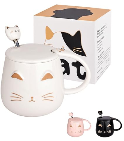 Katzen-Tasse Süße Kaffeetasse aus Keramik mit Kawaii Deckel und schönem Edelstahllöffel Neuheit Morning Cup Kaffee-Milch-Tee-Becher- 3D-Tier Katzen-Tassen für Katzenliebhaber Frau Geschenke (Rot)
