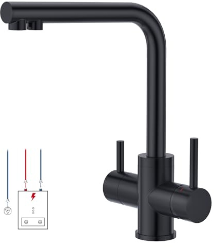 CREA Grifo de Cocina de Baja Presión, Grifo de Cocina 3 Vías Ósmosis con 2 palancas,Fregadero con Agua Fría y Caliente y Agua Filtrada, Giratorio 360°,Negro Mate