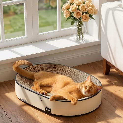 Conlun Cama Rascador Gato Ovalado, Alfombra Rascadora Duradera para Mascotas, Salón 2 en 1 Descansar y Arañar, Protege Muebles, Grande(50x35x9 cm)