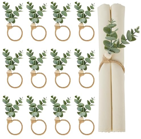 Celblisora 12 portatovaglioli natalizi in stile bohémien, con motivo a foglia di eucalipto, portatovaglioli in legno, stile country, per Pasqua, matrimoni