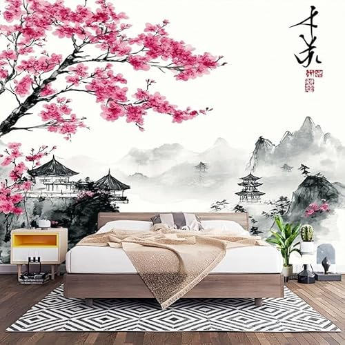 Papel Pintado Panorámico Fotomurales Edificio de Estilo JaponéS Con Flores de Cerezo 300x210 cm, Murales de Pared Decoración Póster in Tejido No Tejido Pintura Con Tinta Personalizado 3D Para Salón