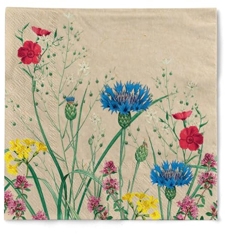 Mank Tissue Serviette Edith 40 x 40 cm oder 33 x 33 cm – 3-lagig, 100 Stück, naturbraun, weich & reißfest, extra saugstark, Blumenmotiv Blumenwiese bunt in Rot Lila Blau Grün (33 x 33 cm)