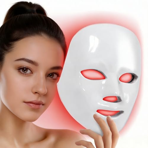 AURIVEE Maschera Viso LED 7 Colori Portatile con Controller Cablato Intensità Regolabile Silicone Morbido Cura Viso Casa Viaggio