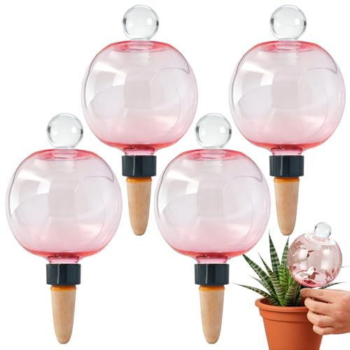 4 bolas de riego 500ml rosa, riego automático para plantas con tapas | Tapas herméticas anti polvo,reutilizable,infiltración gradual,apto para flores,hortalizas,interior,balcón y jardín pequeño