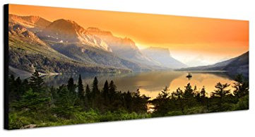 Keilrahmenbild Wandbild 150x50cm Nationalpark Bergsee Berge Wald Abendlicht