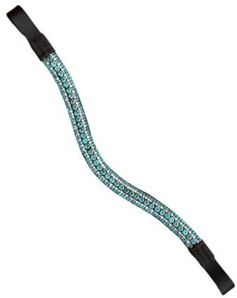 Equipride Pferde-Stirnband, -Stirnriemen, mit attraktiver Bogenform; glänzende, funkelnde Strasssteine, türkis, braunes leder, Pony 14