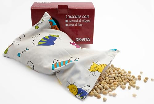 Cuscino scaldacollo con noccioli di ciliegia per Dolore cervicale Febbre Alta/Contusioni (650gr. - 32x19x2cm) - Terapia Caldo Freddo - Fantasia Gatti Cartoon - Prodotto in Emilia Romagna