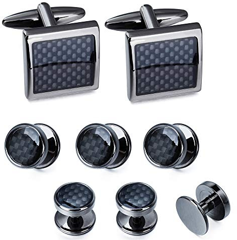 Mens Cufflinks and Tuxedo Studs Set in Gift Box (Carbon Fiber), Jewelry or Accessories in Gold Silver Black Tone, Matching with Shirts Vest and Bow tie, Suitable for Birthday Wedding Anniversary