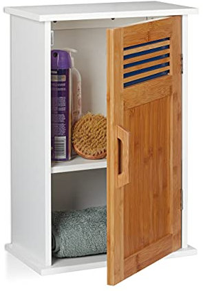 Relaxdays, weiß-Natur Badhängeschrank, WC, hängend, MDF, Bambus, eintürig, 2 Fächer, Badezimmerschrank 51,5 x 35 x 20 cm, Standard