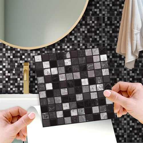 WALPLUS 15cm(6)@24pcs Marquina Metallic Black & White Marble Mosaic Wall Tile Sticker Tile Paint Stick on Tiles Peel and Stick Self Adhesive Tile Sticker for Kitchen Bathroom Tile Transfer Backsplash