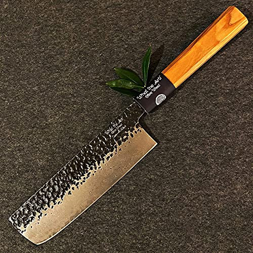 What the Art!® Olive Wood «Nakiri» | Cuchillo de cocina japonés | Cuchillo cocinero de acero de Damasco con mango de madera de olivo + regalo | 33 cm