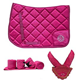 Equipride Schabracken-Set mit passendem Fliegenschleier & Bandagen fuchsia (voll/cob)