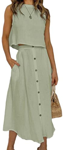 ORANDESIGNE Completo Due Pezzi da Donna Top Lino Senza Maniche e Gonna Lunga in Lino Crop Top irocollo Tinta Unita Decorazione con Bottoni Maxi Gonna con Orlo Irregolare con Tasche A Verde M