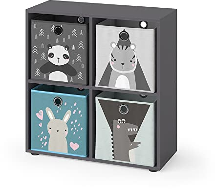 Vicco Kinderregal Tetra, Grau, 72.6 x 72 cm | mit 4 Faltboxen, geeignet zur Aufbewahrung von Spielzeug und Büchern