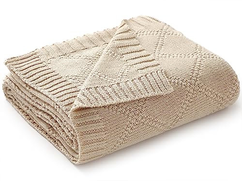 Hadetoto Baby Blanket Soft 100% Cotton Knitted Baby Cellular Blanket for Newborn Boy Girls - Beige