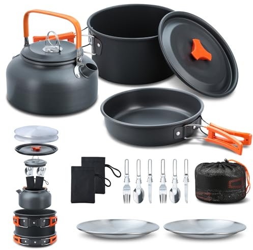 Lixada Lot de 16 ustensiles de Cuisine de Camping avec Bouilloire, Casserole de Camping et poêle, Assiettes, fourchettes, Couteaux, cuillère pour l'extérieur, randonnée, Pique-Nique, 2 à 3 Personnes