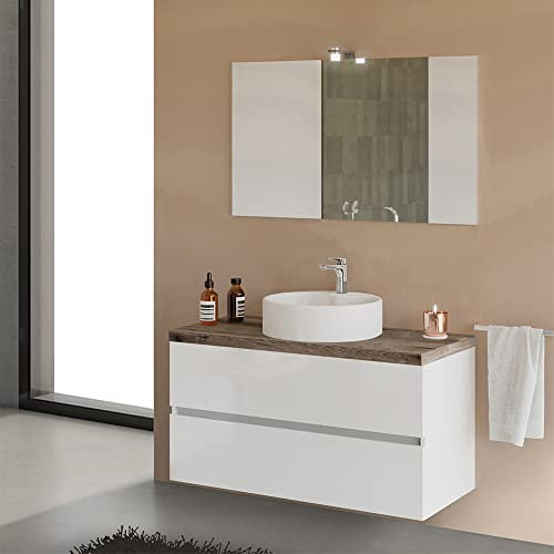 Inbagno Mobile Bagno sospeso per lavabo d’appoggio, Completo di Top e Specchio con Lampada, Serie Town (Rovere fossile, 100 cm)