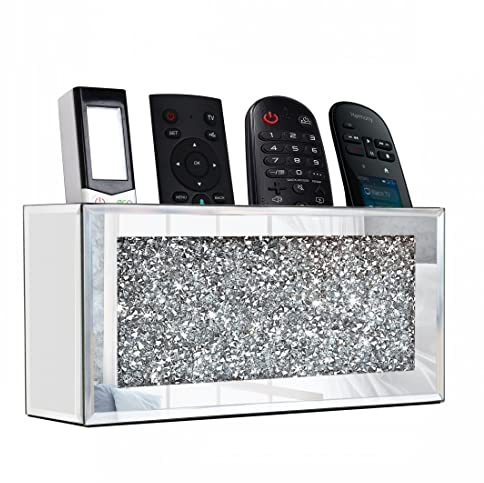 GOTHICO Mirrored Remote Holder, Wall Mounted Crush Diamond Bling Decoration Organizer Storage Box for Remote Phone Pad Wallet Notebook (8.3×2.5×4 For 3 or 4 Remote Controls)