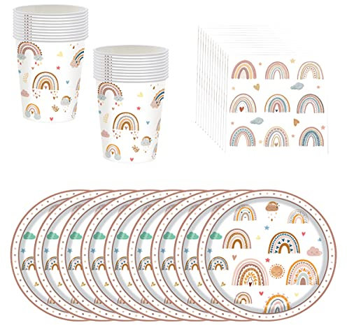 BlinBlin Bohemia Vajilla de Fiesta para Niños, Juego de Vajilla para Fiesta de Arcoíris,Suministros para Fiestas Arcoíris, Platos de Coloridos, Servilletas, Vasos, 20 Invitados