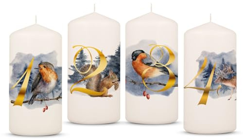 GRAVURZEILE Bedruckte Adventskerzen - Advent Tiermotive - Weihnachtskerze für den Adventskranz 4er Set - Dekoration zu Weihnachten - Geschenk für Sie & Ihn - Stumpenkerze 120/58 mm