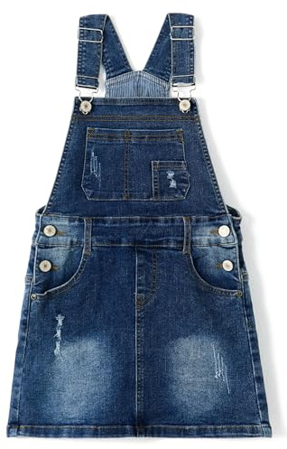 KIDSCOOL SPACE Rock für große Mädchen, zerrissener, weicher, elastischer Denim-Sommer-Overall für Mädchen, Tiefblau, 9-10 Jahre