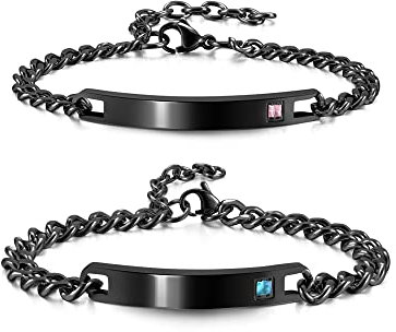 AllerPierce Pärchen Armband für Damen Herren Armbänder mit Gravur Zirkonia Freundschaftsarmband Armkette Armreif Edelstahl Paar Panzerarmband Geschenke für Liebhaber Couple (Schwarz)