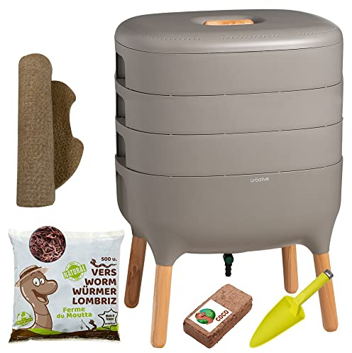 Moutta | Urbalive 3 Schalen Grau, Komplettset I Design Wurmkomposter I 250g Kompostwürmer / 500 STK. I Startersubstrat I Hanfmatte + Schaufel I Innenraum, Balkon und Garten