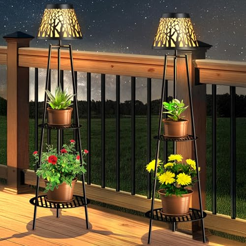 2 Pack Outdoor Solar Floor Lamp with Plant Stand, Waterproof Metal Garden Lights with 2-Tier Shelves, Decorative LED Cordless Patio Lamp for Porch, Deck, Balcony, Yard & Corner Decor (Black)