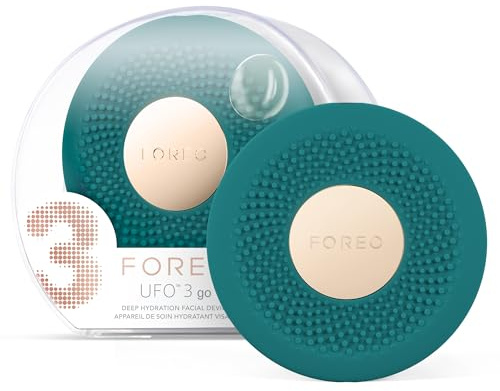 FOREO UFO 3 go Gesichtsmasken-Hautpflegegerät unterwegs – Feuchtigkeitscreme – Anti-Aging-Pflege – Vollspektrum-LED- und Rotlichttherapie – Thermotherapie – T-Sonic-Massage – kompakt – Evergreen