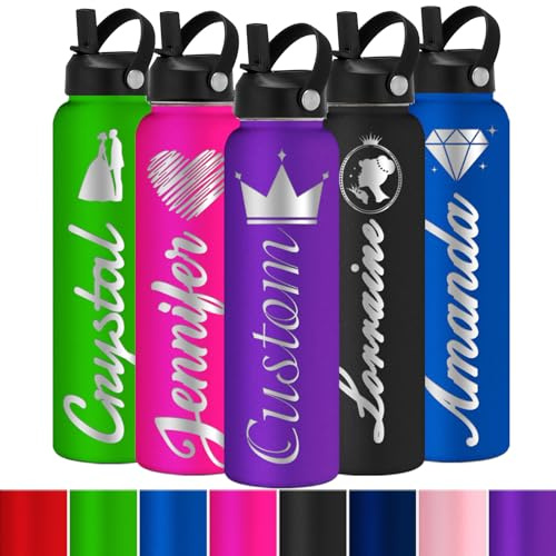 Aolun Personalised Water Bottle with Straw Customised Names Logo insulated Bottle Engraved Stainless Steel Flask for Kid Girls Boys Women Men （12oz/18oz/24oz/32oz/48oz）