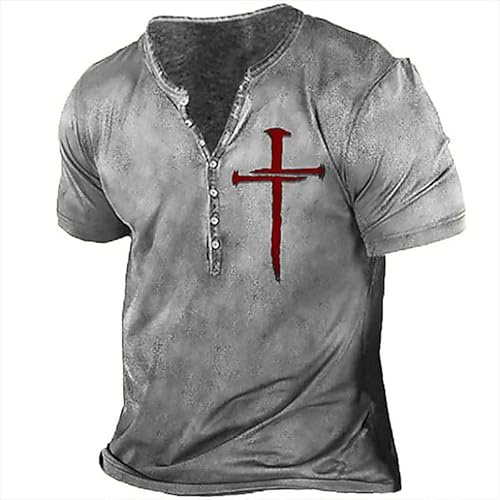 keepmore T-Shirts Henley pour Hommes Col en V Templiers Croix Graphique Imprimé Punk Casual Manches Courtes T-Shirts boutonnés