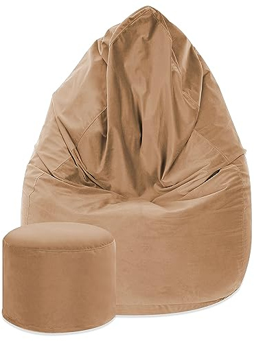 DreamRoots Sitzsack Erwachsene Samt 80x80x120 mit Hocker, Almond