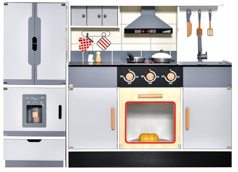 DREAMADE Kinderküche mit 14 TLG. Zubehör, Holzküche Kinderspielküche Waschbecken Herd Backofen und trennbarem Kühlschrank, Spielküche aus Holz für Kinder ab 3 Jahren
