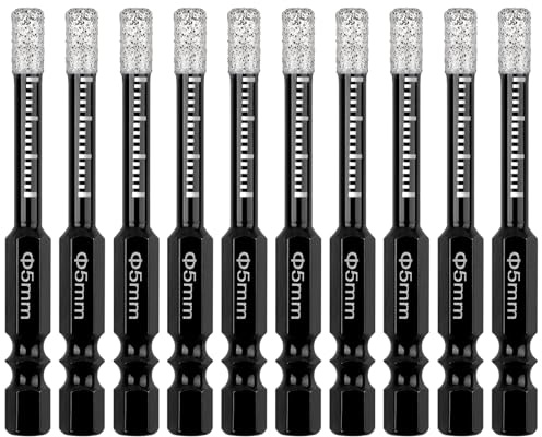 AOKLIT 10Pcs Dry Diamond Drill Bits Set, 3/16” 5mm Hex Shank Tile Core Drill Bit for Tile Ceramic Glass Granite Marble Stone Hard Materials(not for Wood)