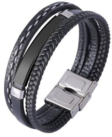 Homxi Armbänder Herren Silber Schwarz,Armreif Herren Edelstahl Mehrlagiges Geflochtenes Leder Herren Armband 16.5 cm