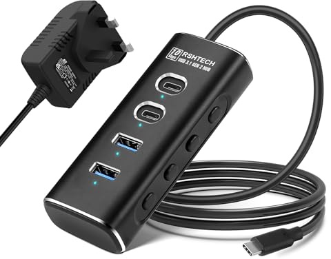 RSHTECH 10Gbps USB C Hub, 4-Port (2C+2A) Aluminium Powered USB 3.2 Hub | USB3.2 Splitter with 2ft USB C Cable for Type-C/Thunderbolt Port Laptops, RSH-A104C