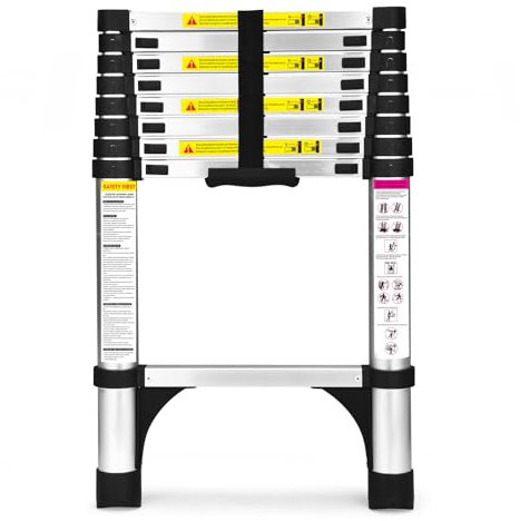 HBTower Scala telescopica da 2,6 metri con piedini antiscivolo, leggera scala pieghevole in alluminio per soppalchi, camper, esterni ed interni, capacità di 150 kg.Argentato