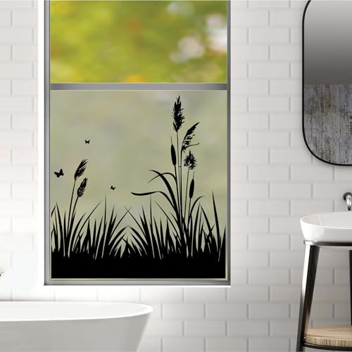 Sichtschutzfolie schwarz Schilf maritim Fensterfolie Fensterdeko Milchglasfolie Wiederverwendbar Sichtschutz, 75 cm hoch, 150 cm breit