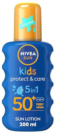 NIVEA SUN Kids Protect & Care SPF 50+ Coloured Spray (200ml), Sunscreen Protects Delicate Skin Against Sunburn and Long-Term UV Damage, Fast-Absorbing No White Cast Sun Lotion