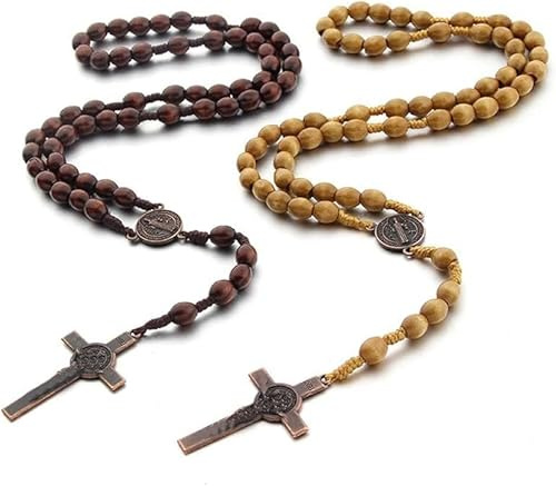 MisFun 2 Stück Holz Rosenkranz Halskette mit Kreuzanhänger, Religiöse Gebetskette für Kommunion, Taufe, Messe und Bibel